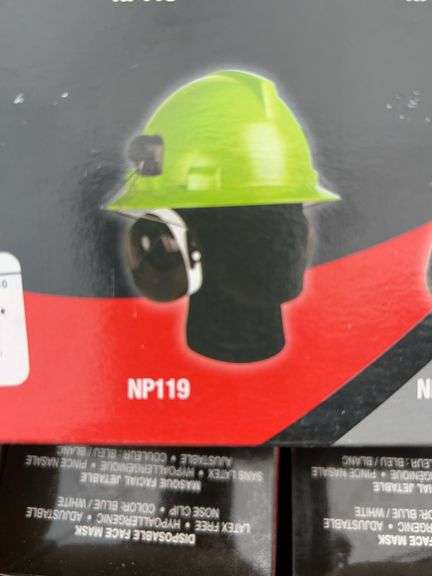 Hard hat mounted ear muffs, disposable masks, bio hazard waste bags