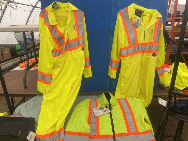 2 light hi-viz coveralls and a quilted jacket all size medium