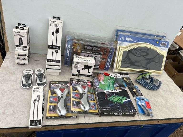 Misc cables, house signs, cell phone holders, rescue hammers etc