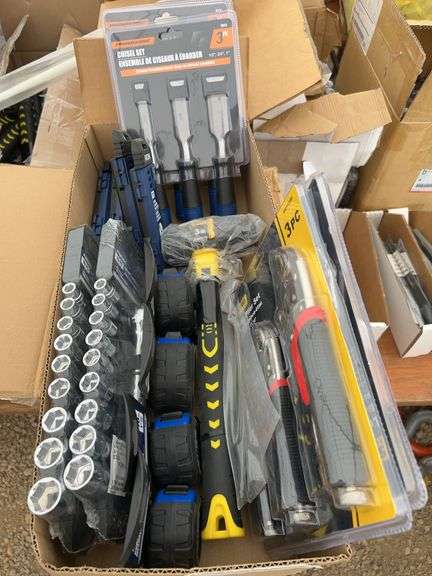 Chisels, hammers, socket sets, tape measures, locking pliers sets etc