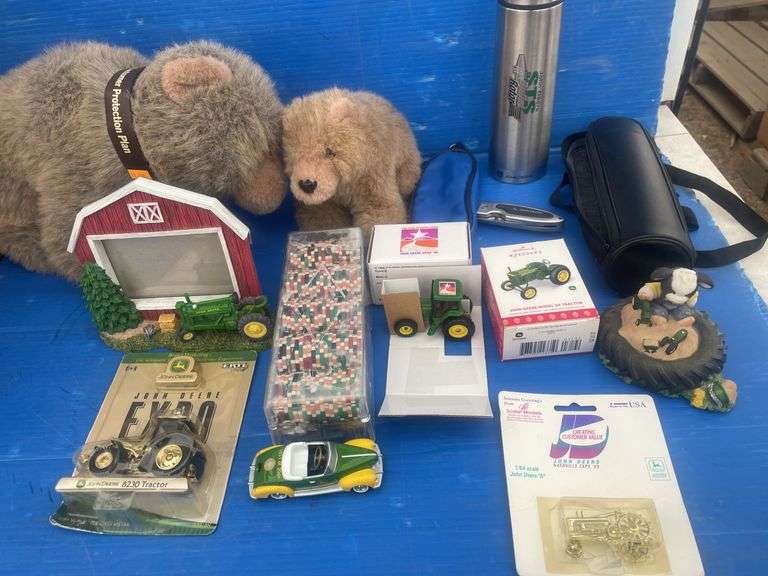Misc 1:64 scale Johhn Deere toys, stainless steel thermos, and John Deere teddy bears etc