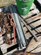 Pallet with logging chain, load binders , ice tongs etc