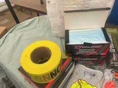 Quantity of safety supplies including glasses, face masks, ear muffs,work gloves, rubber gloves,.