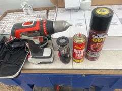 Working Black & Decker 14 V cordless drill, small butane heater, quantity of lightbulbs, etc.
