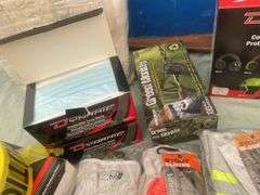 Quantity of safety supplies including glasses, face masks, ear muffs,work gloves, rubber gloves,.