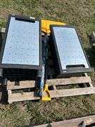 Pair of plastic storage boxes, snow shovel, folding sawhorses