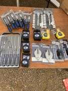 Chisels, socket sets, file set, tape measures, chalk lines, multi screwdrivers