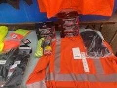 Flame -resistant zip style heavyweight hoodie, hi-viz rain jacket, light weight bib overall,