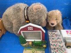Misc 1:64 scale Johhn Deere toys, stainless steel thermos, and John Deere teddy bears etc