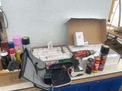 Working Black & Decker 14 V cordless drill, small butane heater, quantity of lightbulbs, etc.