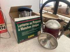 Pair of Colemen gas lanterns, 1 propane lantern and one battery operated lantern