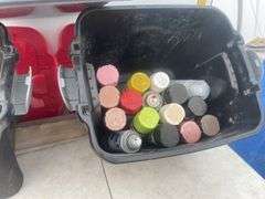 2 totes with quantity of misc partial cans of paints and stains, and one tote with misc