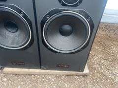 2 Techsonics speakers - one has damaged speaker cone - condition unknown - measure 32" H x 14" W x 1