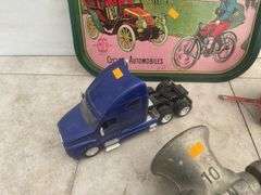 Ertl wagon, made in Hong Kong serving tray, #10 Dominion meat grinder, and a plastic truck