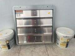 2 containers of tile adhesive and a fan louver 16"x16"