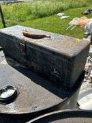 2 steel barrels, 1 plastic barrel & John Deere toolbox