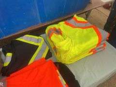 Helly Hansen 2XL insulated bib overalls, quantity of 4XL safety vests, 5XL PU stretch Hi-Viz Flame