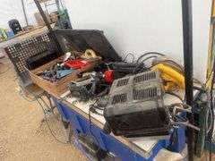 Quantity of misc tools and hardware, including DeWalt saw.