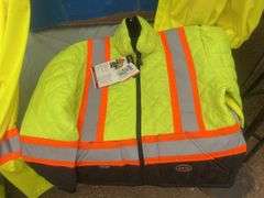 2 light hi-viz coveralls and a quilted jacket all size medium