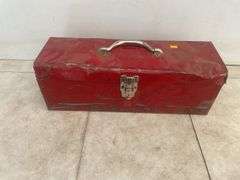 Metal toolbox with a quantity of John Deere male hydraulic coupler ends