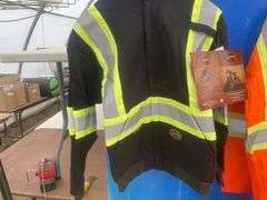 Flame -resistant zip style heavyweight hoodie, hi-viz rain jacket, light weight bib overall,