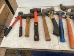 Quantity of hammers, small bolt cutter, hatchet, etc