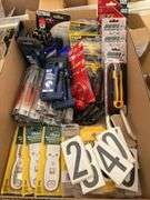Qty of utility knives, qty of metal razor scrapers, pack of razor blades, qty of numbers, folding