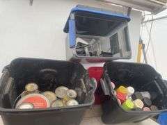 2 totes with quantity of misc partial cans of paints and stains, and one tote with misc