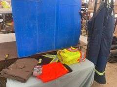 Helly Hansen 2XL insulated bib overalls, quantity of 4XL safety vests, 5XL PU stretch Hi-Viz Flame