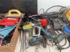 Quantity of misc tools and hardware, including DeWalt saw.