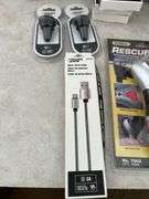 Misc cables, house signs, cell phone holders, rescue hammers etc