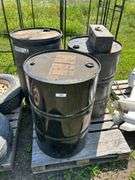 2 steel barrels, 1 plastic barrel & John Deere toolbox
