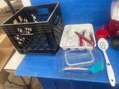 Hot air popper and electric toaster both heat up, assortment of utensil etc - comes in milk cartoon