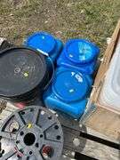Pallet of misc plastic containers, bale twine, partial pail of tar etc