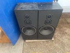 2 Techsonics speakers - one has damaged speaker cone - condition unknown - measure 32" H x 14" W x 1