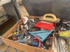Quantity of misc tools and hardware, including DeWalt saw.