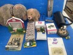 Misc 1:64 scale Johhn Deere toys, stainless steel thermos, and John Deere teddy bears etc