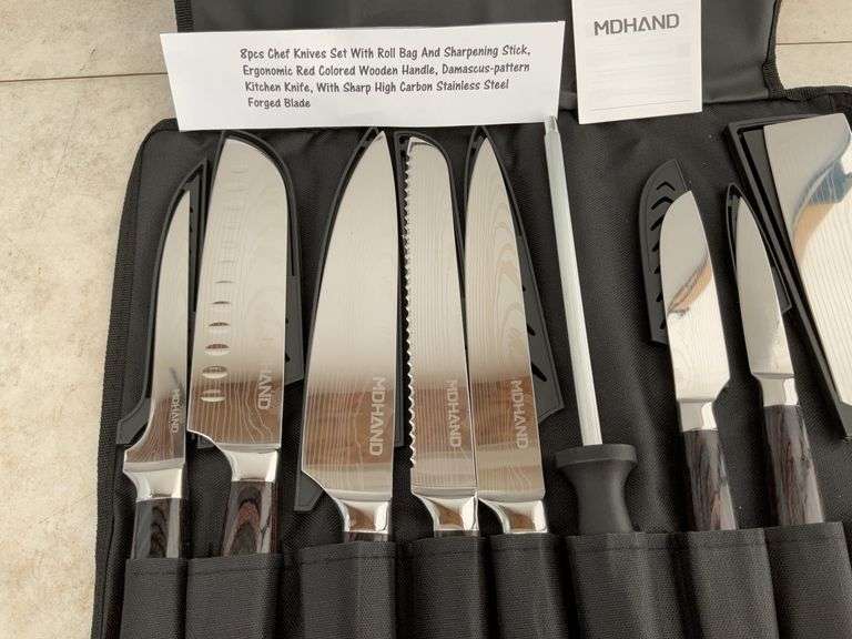 8 piece Chef Knife Set with roll bag and sharpening stick
