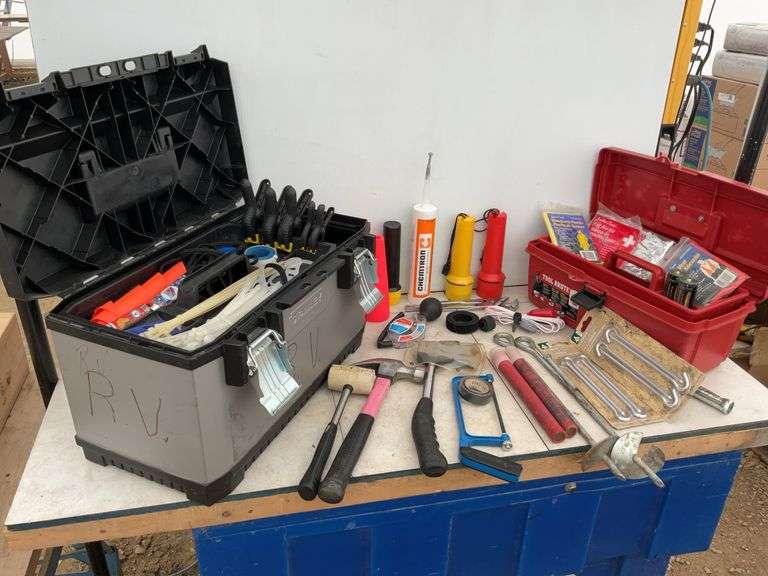 Stanley Fat Max toolbox measures 9" x 9" x 19“, small red toolbox, including hammer, hatchet, tent p