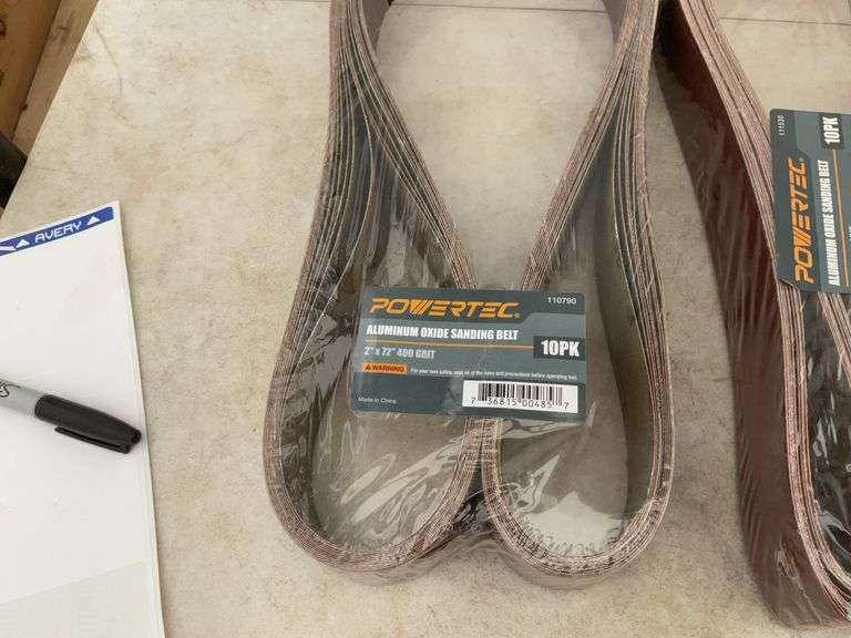 Quantity of 42  72" sanding belts, 10 of 80 grit, 10 of 120 grit, 10 of 240 grit, 10 of 400 grit