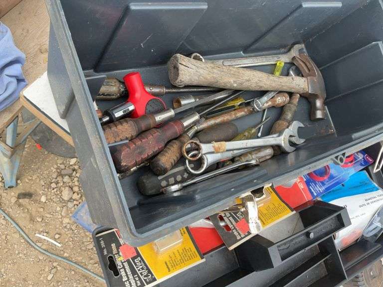 Plastic toolbox 9"Wx7"Hx20"L, comes with miscellaneous tools, 3/8" drive SAE and metric socket set, 7 1/2 L gas jug