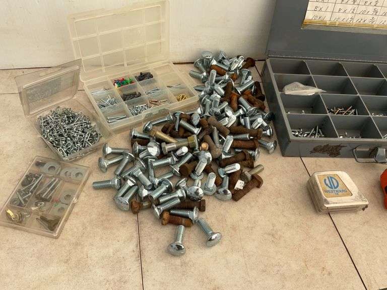 Sheet metal kit of screws, quantity of 1/2" by 1 1/2" carriage bolts, miscellaneous screws, small ch