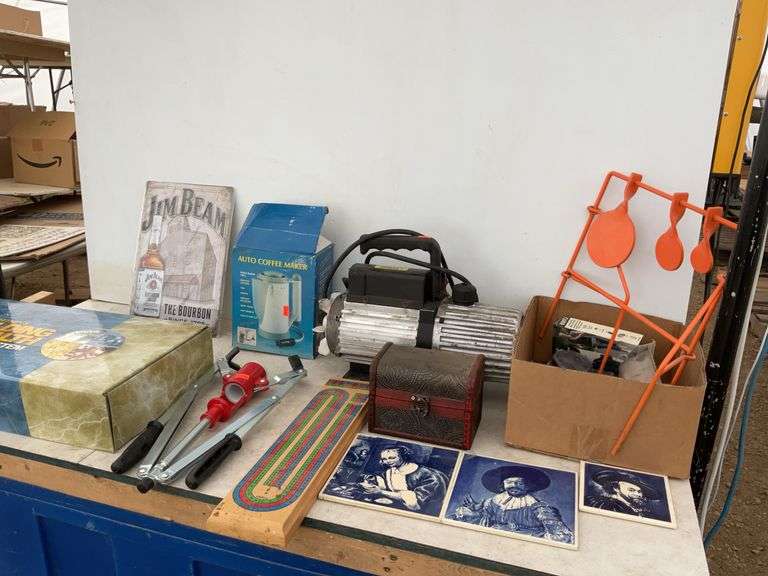 Vacuum pump runs but condition unknown, 12V auto coffee maker,  metal rifle target, Russ Whitney bui