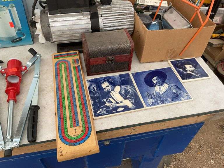 Vacuum pump runs but condition unknown, 12V auto coffee maker,  metal rifle target, Russ Whitney bui