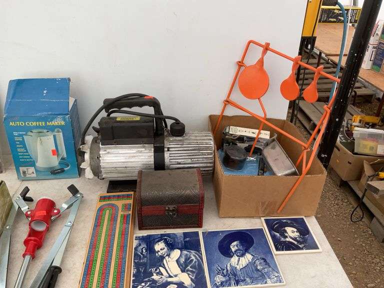 Vacuum pump runs but condition unknown, 12V auto coffee maker,  metal rifle target, Russ Whitney bui