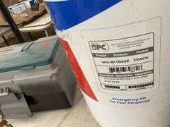 Universal spill kit, ultra pro plastic toolbox, missing top handle, small Rubbermaid toolbox, LED K