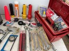 Stanley Fat Max toolbox measures 9" x 9" x 19“, small red toolbox, including hammer, hatchet, tent p