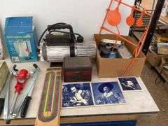 Vacuum pump runs but condition unknown, 12V auto coffee maker,  metal rifle target, Russ Whitney bui