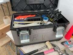 Stanley Fat Max toolbox measures 9" x 9" x 19“, small red toolbox, including hammer, hatchet, tent p