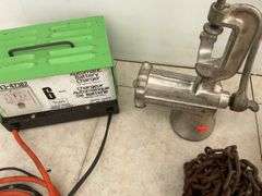 2 ton chain hoist, 6 amp battery charger - owner says works, and a #8 food grinder